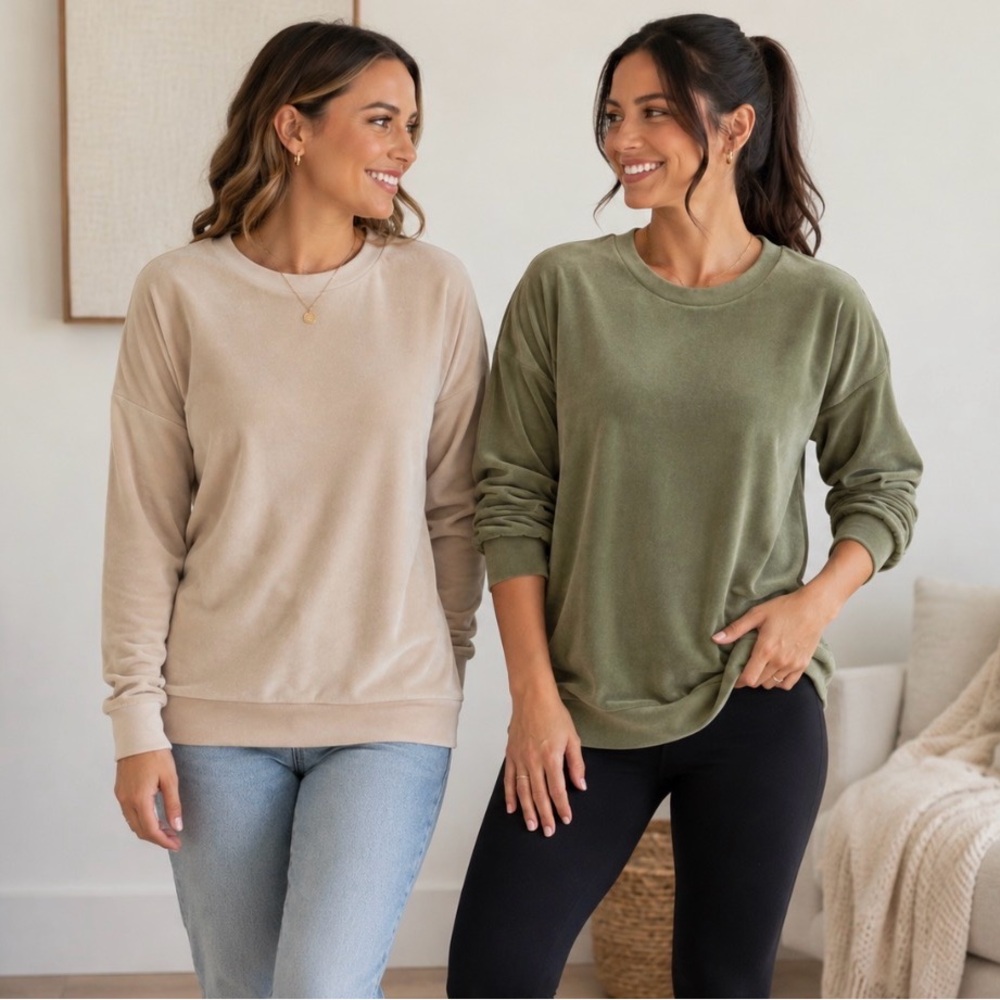 Set of 2 Velvet Luxe Lounge Pullovers - Beige & Olive Green